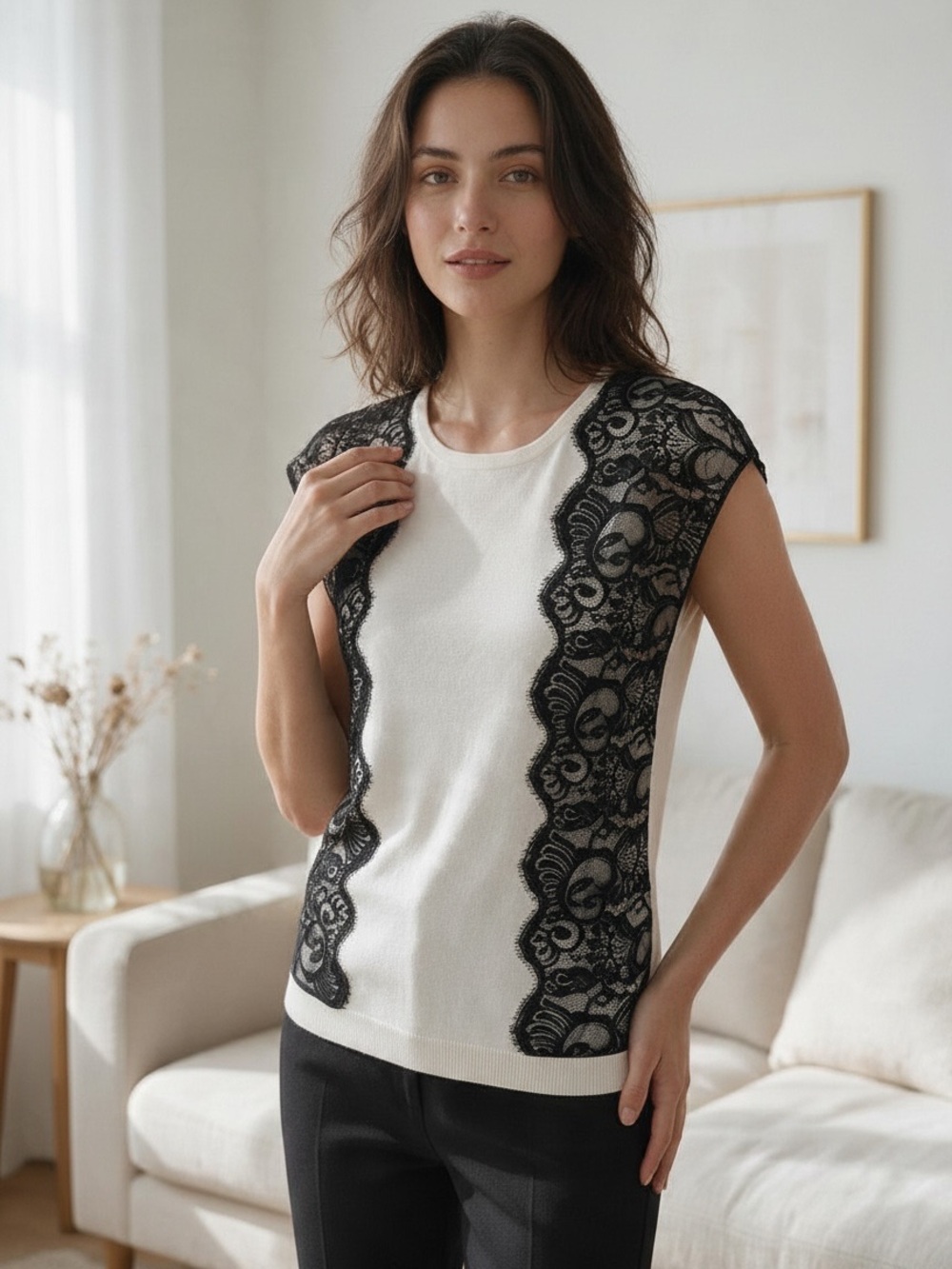 Vince Camuto cream knit shortsleeve lace trim feminine sweater size medium